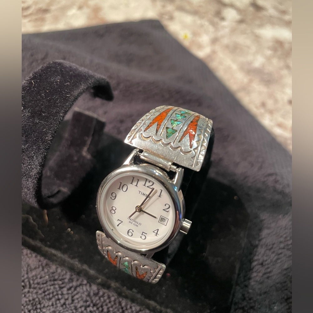 Vintage Native American Inlaid Turquoise & Coral Watchband Featuring New Watch.